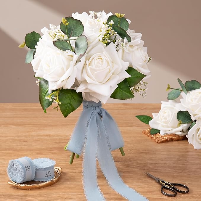 DORIS HOME Dusty Blue Chiffon Ribbon for Flower Bouquet, 1" x21Yd Fabric Ribbon for Gift Wrapping, Handmade Frayed Ribbon for Wedding Invitations/Christmas Decorations