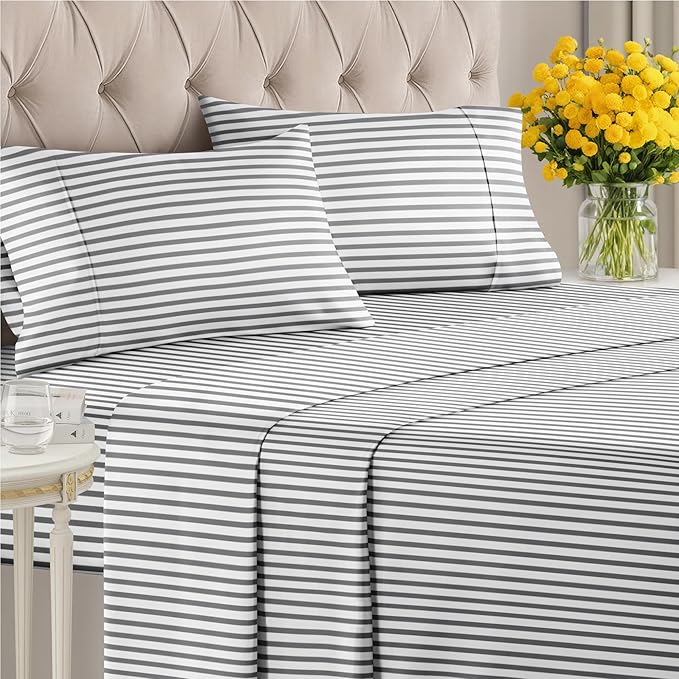 Striped Sheets - Grey Striped Sheets - 1 Flat & 1 Fitted & 2 Pillowcases w/ Deep Pockets – Wrinkle & Fade Free - Ultra-Soft, Breathable and Cooling – Luxury Pinstripe Bedding - Cal King Size Bed Set