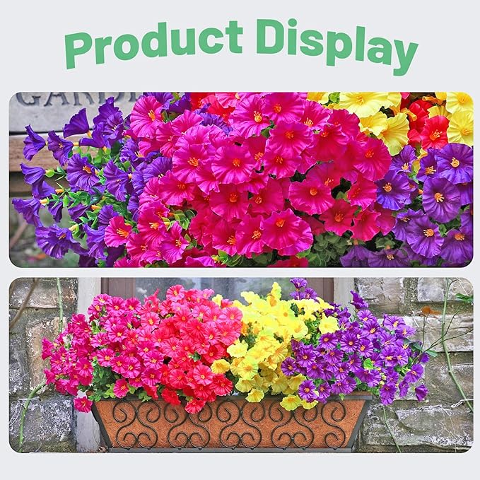 16PCS Artificial Fake Outdoor Flowers Plants, Faux Silk Realistic Morning Glory Floral Arrangement Planter UV Resistant for Porch Patio Window Box Balcony Garden Decor (Eucalyptus 4 Colors)