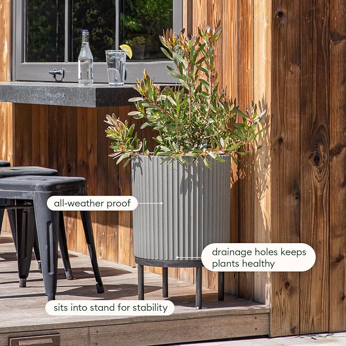 Veradek Demi Series Round Planter w/ Stand for Porch/Patio | Durable Plastic-Concrete & Wooden Stand | Modern Décor for Tall Plants, Flowers