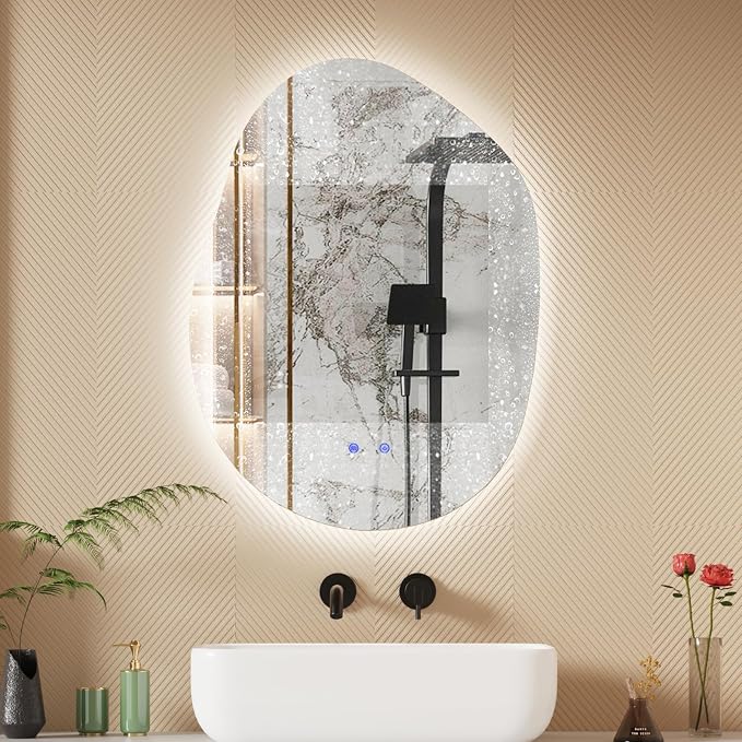 QDSSDECO Irregular LED Bathroom Mirror with Lights,Asymmetrical Led Bathroom Vanity Mirror for Wall with Front and Backlit, Anti Fog, 3 Colors and Dimmable Light, 23" x 31"