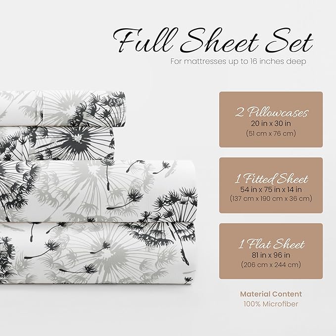 Linen Market Double-Brushed Patterned Microfiber Full Sheet Set 4 Piece – Oeko-TEX Certified Ultra Soft & Wrinkle-Free - 16" Deep Pocket Sheets - Easy Care Full Size - Make a Wish Light Gray