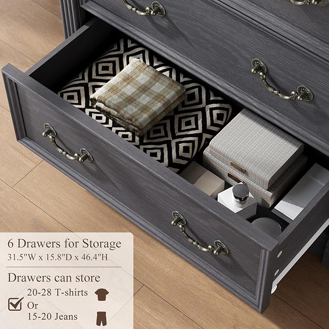 Grey Dresser for Bedroom, Farmhouse 6 Chest of Drawers, 47" Tall 6 Drawer Dresser Storage with Wood Pilasters and Metal Handles, Vintage Design, Drawer Organizer for Bedroom, Hallway