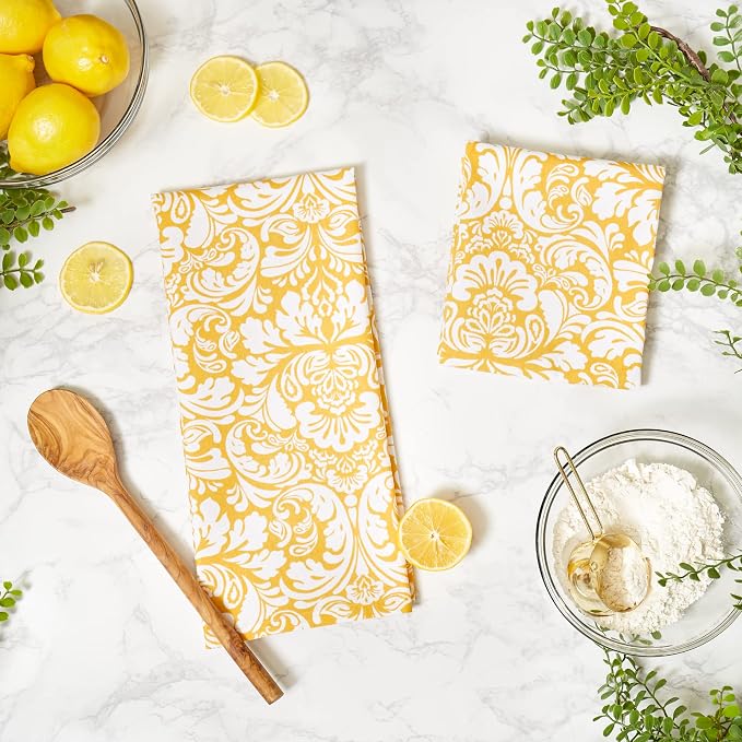 DII Cotton Dish Towel Set Damask Print, 18x28, Mustard, 2 Count