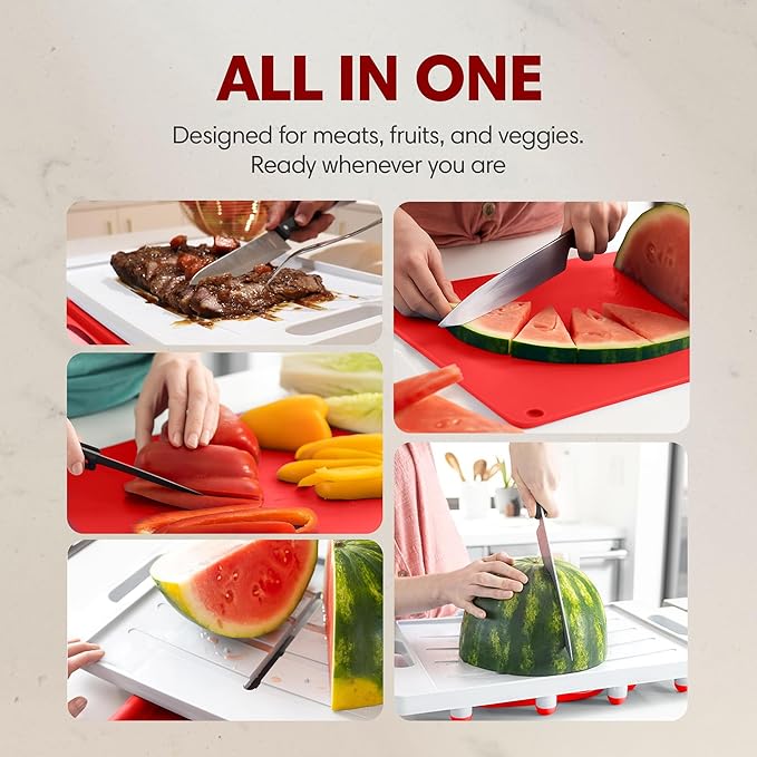 XL Meal Prep System Cutting Board - Large Cutting Board with Juice Groove, Spikes, Drip Tray & Removable Surface - Carving Board - BBQ Essential & Kitchen Gifts - BPA Free Cutting Board - Red