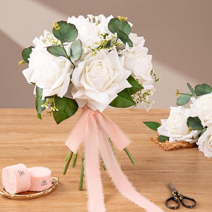 DORIS HOME Blush Pink Chiffon Ribbon for Flower Bouquet, 1" x21Yd Fabric Ribbon for Gift Wrapping, Handmade Frayed Ribbon for Wedding Invitations/Christmas Decorations