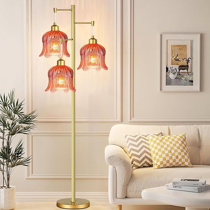 QIYIZM Pink Floor Lamp for Living Room,Bedroom,Gold Mid Century Modern Standing Lamp Brass Tree 3 Light Tall Floor Lamps Floor Lights Glass Flower Lamp Shade Girls Kids Boho Bohemian