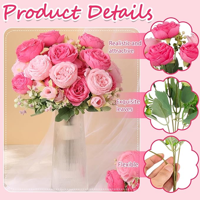 Olgaa 12 Bundles Peonies Artificial Flowers Artificial Peonies Silk Flowers Bulk Fake Peony Bouquet for Bridal Shower Decorations Wedding Table Centerpiece (Double Pink)