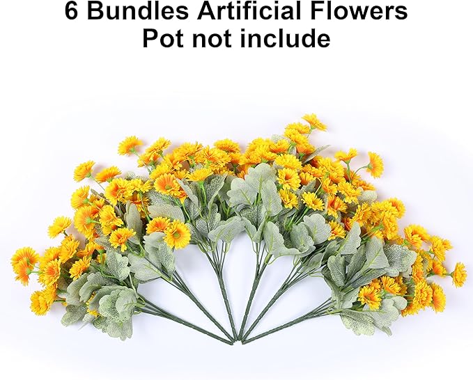 HyeFlora Dahlia Artificial Winter Flowers for Outdoors Decoration, 6 Bundles Fake Daisy Yellow Outdoor Faux Flower Plants Realistic UV Resistant Silk Flowers for Outside Planter Front Door Yard Garden