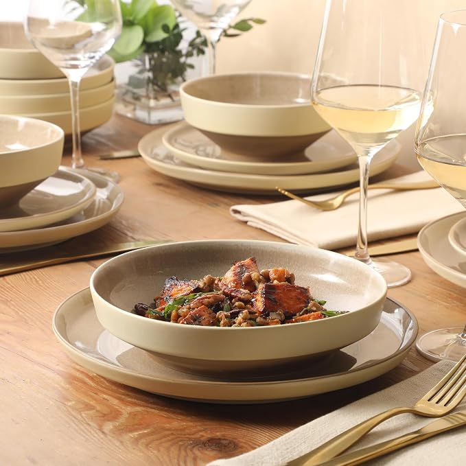 Gibson Elite Octavia Place 16 Piece Stoneware Dinnerware Set, Service for 4, Coupe Modern Plates & Bowls, Reactive Glaze Finish, Taupe, Microwave & Dishwasher Safe