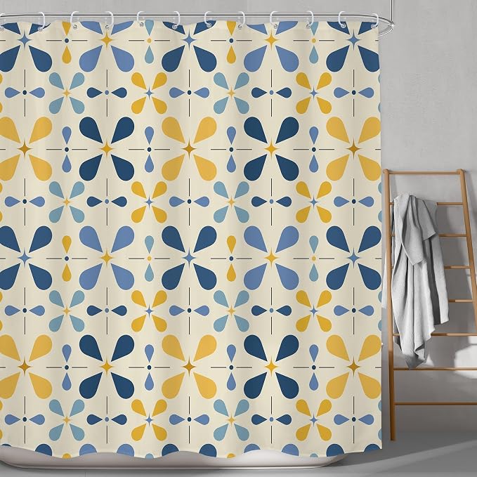 Blue Boho Mid Century Shower Curtain Bathroom Set 71Wx71H Inches Retro Navy Yellow Modern Abstract Vintage Colourful Geometric Bath Accessories Water Drop Art Home Decor Fabric 12 Pack Hooks