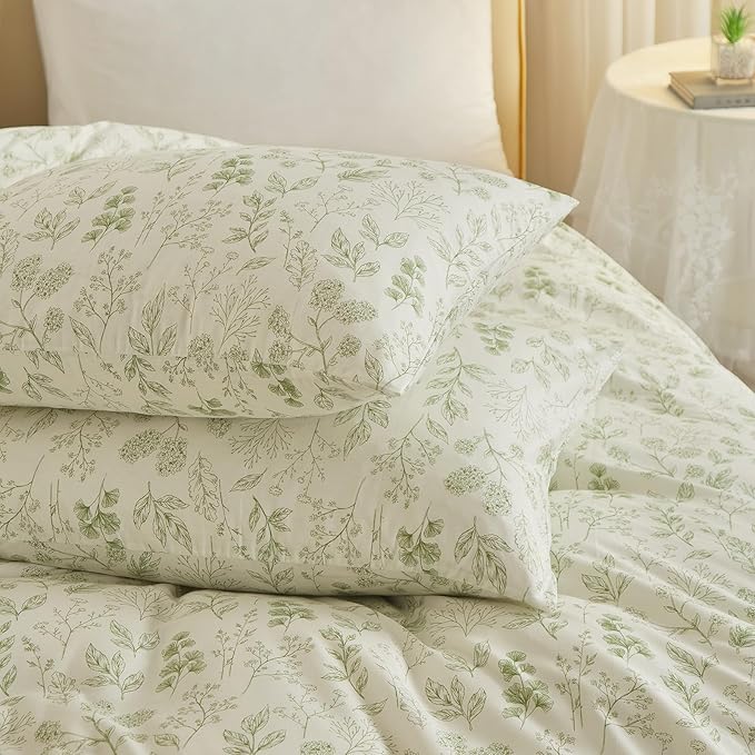 HighBuy 3 Pieces Duvet Cover Queen White Duvet Cover with Green Floral Print,Coquette Soft Cotton Comforter Cover Boho Style,Aesthetic Queen Bedding Set with Zipper Closure 4 Ties,All Season
