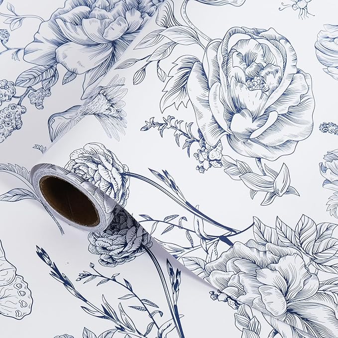 RayofSun Blue Floral Wrapping Paper Roll 17 in x 16.5 ft Mini Roll Vintage Toile Flower Gift Wrap Paper for All Occasion Wedding Birthday Bridal Shower Party Baby Shower Christmas