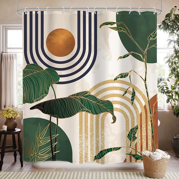 Glawry Abstract Mid Century Shower Curtain Green Retro Boho Tropical Palm Tree Sun Arch Bathroom Modern Minimalist Aesthetic 72Wx72L Inches Bath Accessories Art Home Decor Fabric 12 Pack Hooks