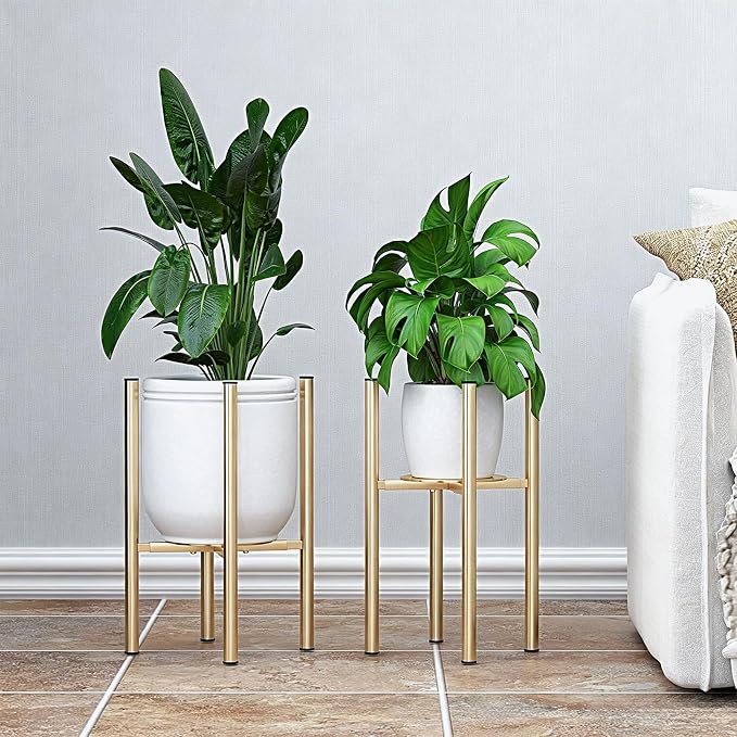 Adjustable Metal Plant Stand Indoor, Fits 8-14 Inch Pots, Mid Century Modern Gold Planter Holder,2 Heights, Heavy Duty 160 lb, Indoor Outdoor Corner Floor Pot Stand, Golden with Round Plate 2 Pack