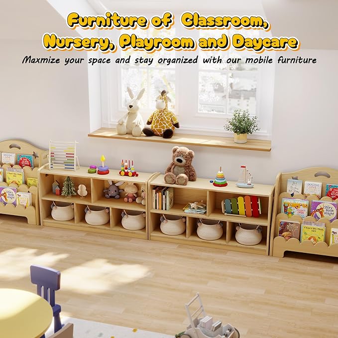 ONBRILL 2-Tier Wood Montessori Cabinet for Kids, Toddler Room Book Shelves Toy Organizers and Storage, Small Book Shelf Storage for Baby Children, Furniture of Classroom, Nursery, Playroom