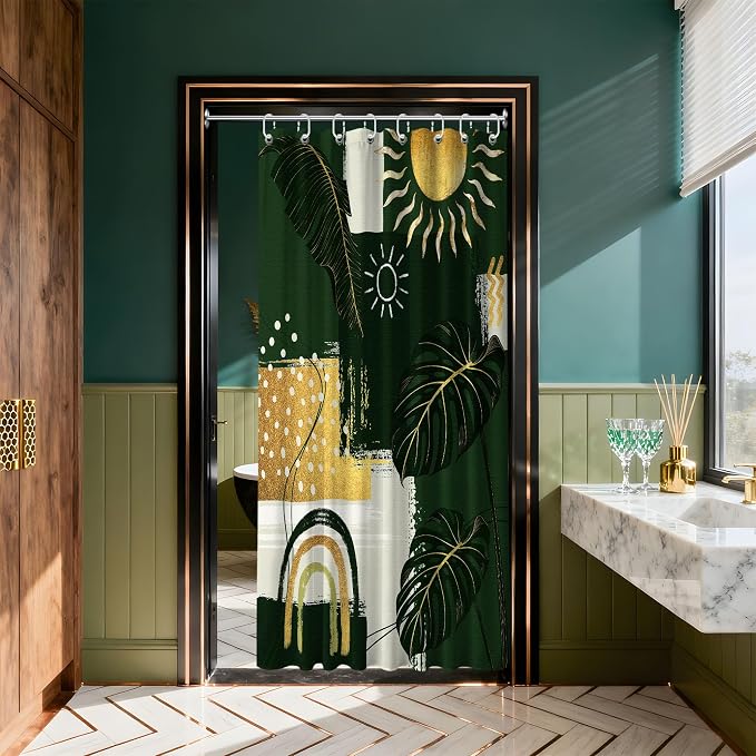 Small Stall Narrow Green and Gold Shower Curtain Bohemian Stand Up Abstract Shower Curtains for Rv Camper Bathroom Decor Sets, Waterproof Cloth Fabric with Hooks, 36 x 72 Inch
