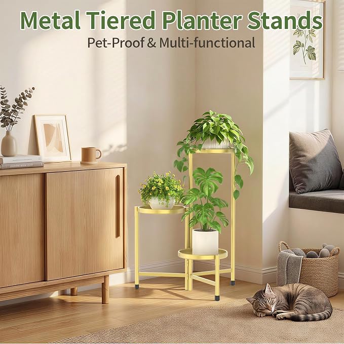LASZOLA 3 Tier Large Plant Stand Indoor Tall with 10 Inch Metal Tray, Corner Folding Flower Display Rack, Modern Plant Holder Shelf for Outdoor Patio Porch Garden Office Living Room, Gold
