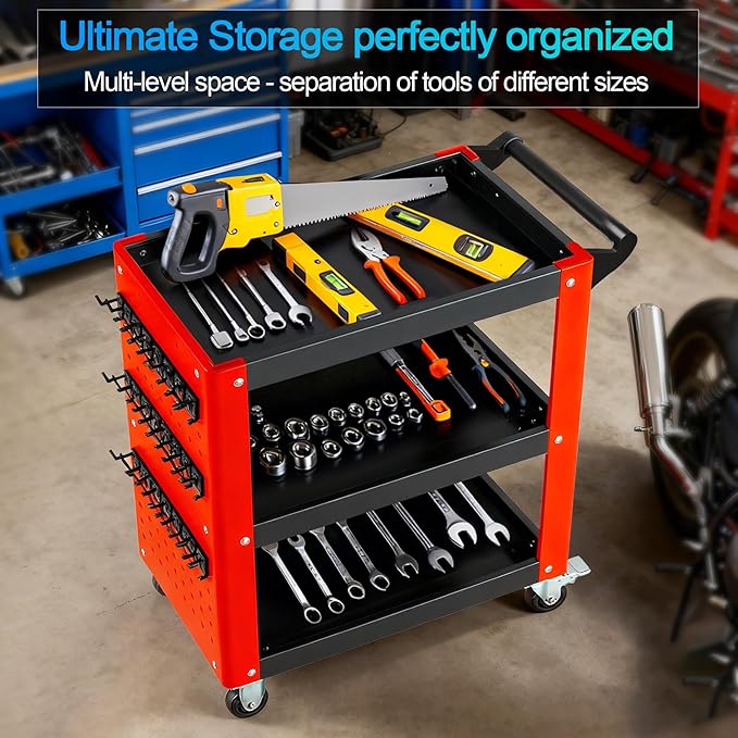 3-Tier Rolling Tool Cart with Pegboard, Heavy Duty Mechanic Utility Cart 1000LBS Load Capacity for Repair Shop, Garage, Warehouse & Workshop (Red & Black)