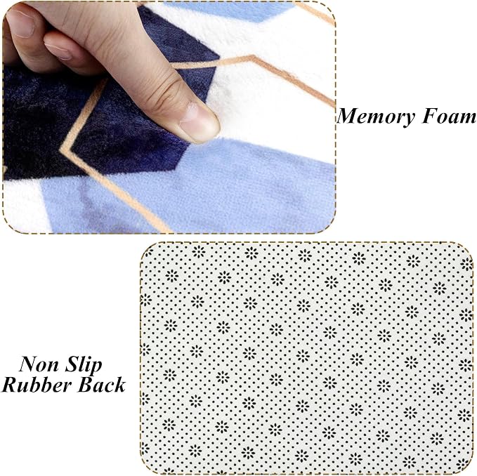 LB Navy Blue Marble Bath Mat Abstract Geometric Floor Rug for Bathroom Gold Honeycomb Hexagon Doormat Non Slip Memory Foam Absorbent Living Room Bedroom Door Front Area Rugs,24Wx16H inch