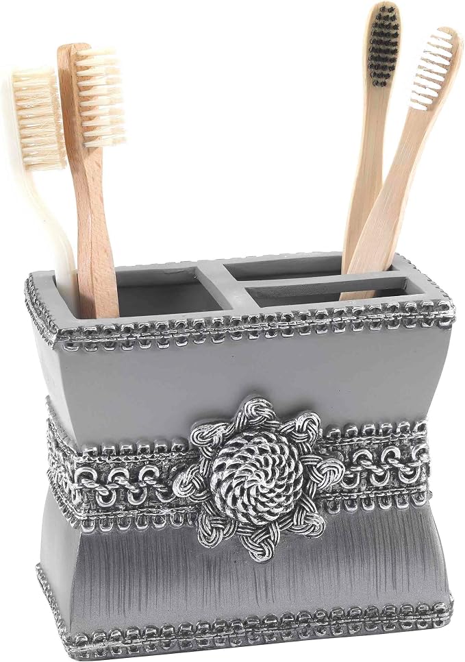 Avanti Linens - Accessory Set, Resin Tumbler, Toothbrush Holder, Soap Dish & Lotion Pump, Durable Bath Decor (Braided Medallion Collection, Granite)