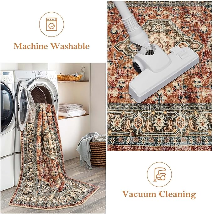 Lahome Oriental Hallway Runner Rug Non Slip, 2x8 Washable Runners for Hallways Kitchen, Vintage Non Skid Soft Long Carpet for Bedroom Bathroom Entryway, Brick Red