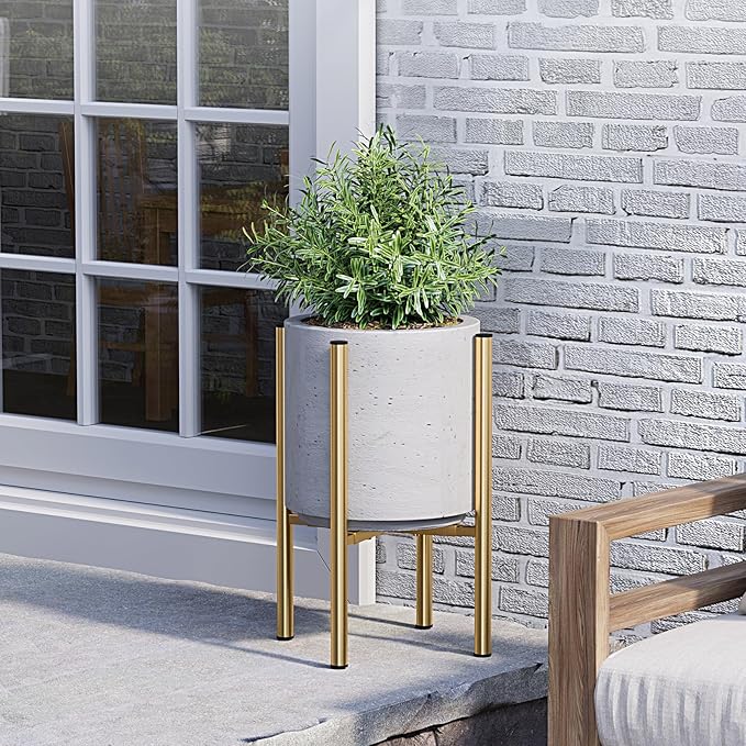Adjustable Metal Plant Stand Indoor, Fits 8-14 Inch Pots, Mid Century Modern Gold Planter Holder,2 Heights, Heavy Duty 160 lb, Indoor Outdoor Corner Floor Pot Stand, Golden with Round Plate