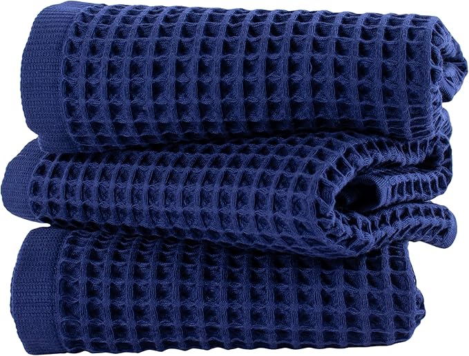 PÜSKÜL Natural 100% Turkish Cotton Waffle Kitchen Towels Set of 3 | Oeko-Tex, Premium Waffle Hand Towels for Bathroom | Soft Absorbent Quick-Dry Lint-Free Dish Towel Large 32x16 inch (3, Navy Blue)