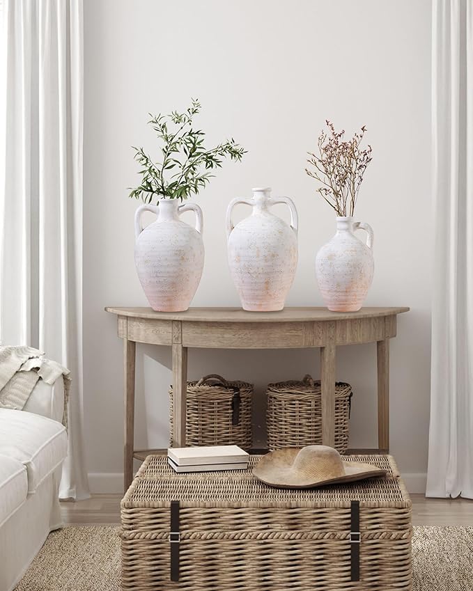 UPWOIGH Ceramic Flower Vase, 11.8 inch Tall Off-White Farmhouse Rustic Vase, Handcrafted Weathered Handle Pottery Vases, Large Flower Terracotta Vases for Home Decor, Living Room, Table, Shelf