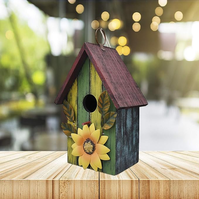Attraction Design Rustic Decorative Bird House for Outside, Outdoor Hanging Wood Hand-Painted Bird House with Sunflower Decor, Wooden Hanging Garden Birdhouse Porch Yard Decor 9.37"X6.38"X4.25" (Red)