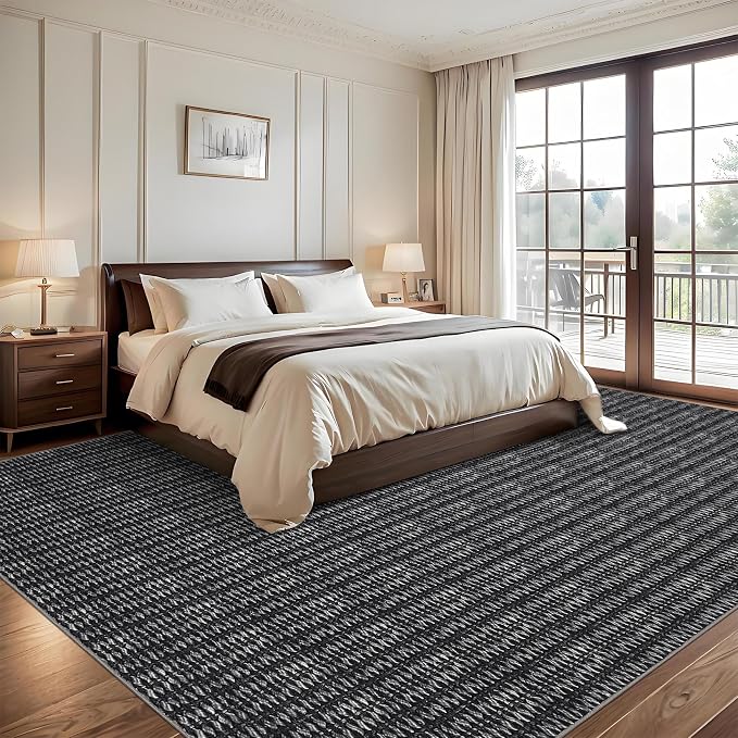 Washable 10x13 Modern Braided Print Area Rug for Living Room Low Pile Soft Bedroom Rugs Non Slip Modern Large Carpet Thin Foldable Boho Vintage Indoor Carpet for Playroom Open Living Room,Black
