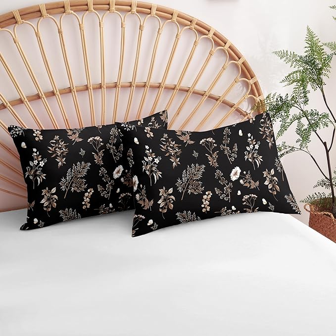 Nayoroom Black Floral Duvet Cover Queen Size Cottagecore Botanical Flower Duvet Cover 3 Pieces Soft Lightweight Aesthetic Bedding Set with Zipper Closure