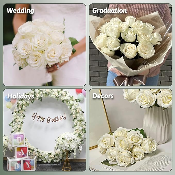 White Roses Artificial Flowers 50 Pack in Bulk, Fake Roses Flowers Realistic Roses for Wedding Home Party Decoration Event Gift (White)