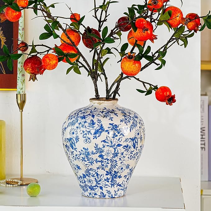 Sungmor Vintage Ceramic Flower Vase - 9.4 Inch Retro Ice Cracked Glaze Chinoiserie Vase, Rustic Farmhouse Home Décor Accent for Dried Flowers, Greenery - Table Centerpieces, Shelf, Mantel Decor