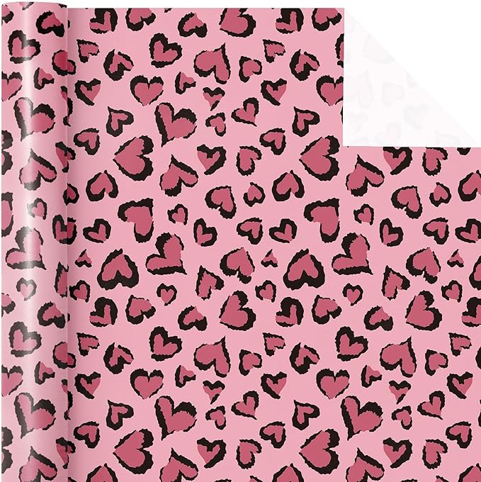 WRAPAHOLIC Leopard Wrapping Paper - Mini Roll - 17 Inch x 16.5 Feet - Pink Heart Wrapping Paper Perfect for Girls Birthday, Valentine's Day, Baby Shower, Wedding