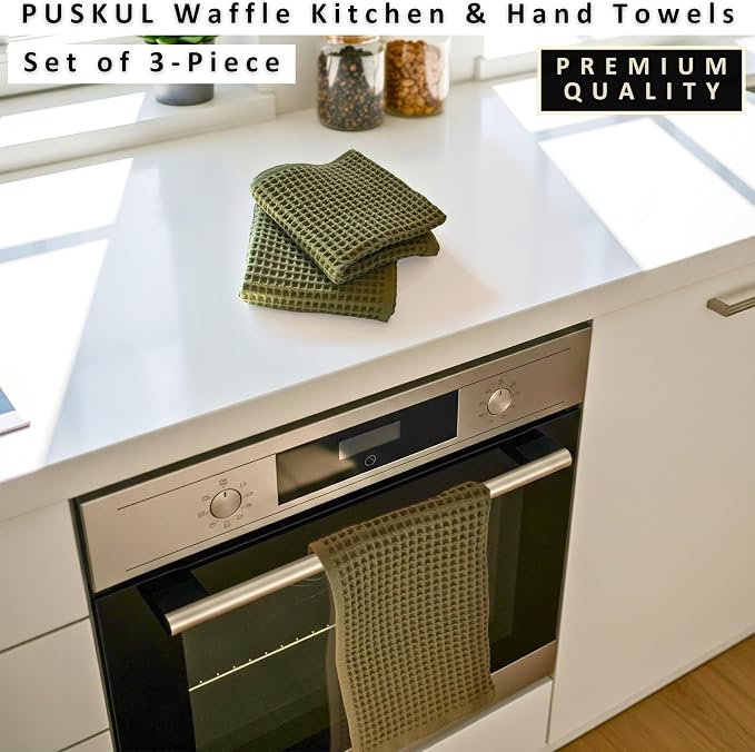 PÜSKÜL Natural 100% Turkish Cotton Waffle Kitchen Towels Set of 3 | Oeko-Tex, Premium Waffle Hand Towels for Bathroom | Soft Absorbent Quick-Dry Lint-Free Dish Towel Large 32x16 inch (3, Khaki Green)