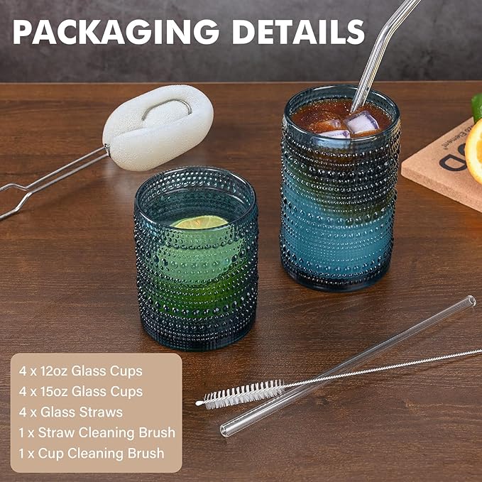 ZMOWIPDL Vintage Hobnail Drinking Glasses Set of 8,Blue 12 oz & 15oz Highball Glass Cups,Kitchen Drinkware Glassware,Embossed Water Tumbler,for Beer,Cocktail,Whiskey,Juice and Various Mixed Drinks