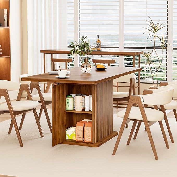 Extendable Kitchen Dining Table for 4-6, 47-65 Inch Rectangle Dining Room Table with 2 Doors, Large Storage, Mid Century Modern Dinner Furniture, Living Room, Space Saving, Square, Fluted, Walnut