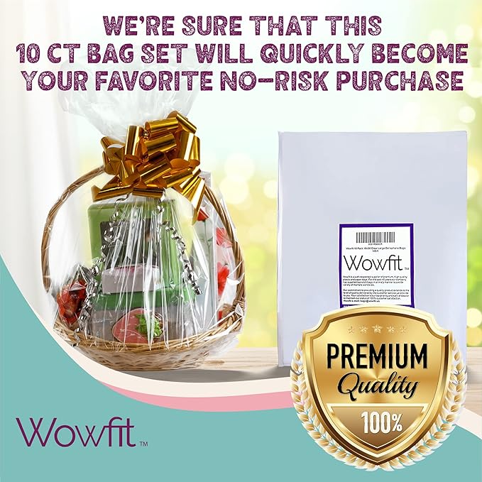 Wowfit Cello Bags,10 CT 18x30 inches Clear Cellophane Bags Perfect for Gift Baskets, Presents, Weddings, Bridal/Baby Showers and More (Flat, No Gusset, Ribbon Not included)