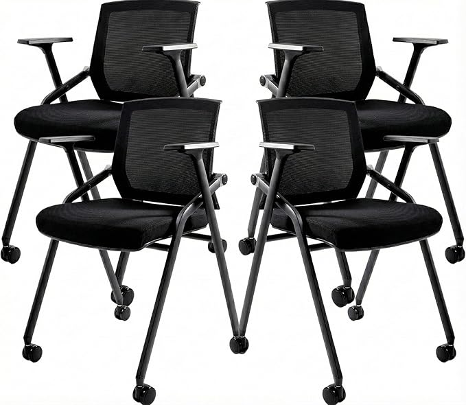 4 Pack Stackable Conference Room Chairs with Paddle Folding Office Chair Foldable Desk Chair Mesh Back and Arms for Conference Meeting Guest Reception Home Office Training Room Chair Black