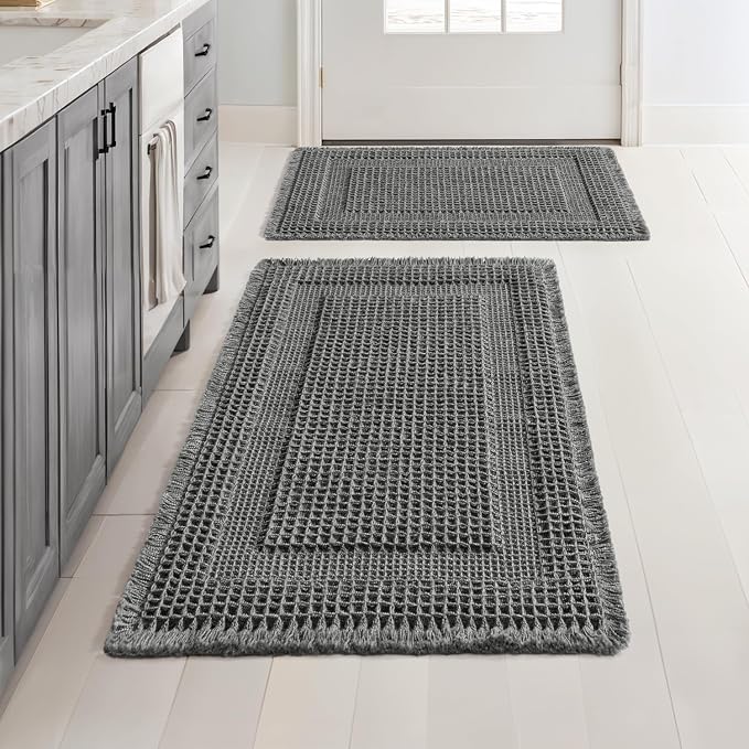 MIULEE Set of 2 Waffle Bathroom Rugs, Boho Bath Rug Super Absorbent, Non Slip Washable Ultra Soft Rubber Backed Shower Bath Mats for Floor, Tub, Shower, Looped Design, Dark Grey, 17"x24"+18"x30"