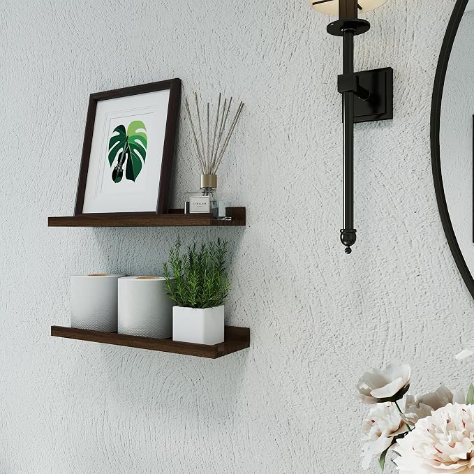 Floating Shelves for Wall Decor, Wall Mounted Wood Storage Shelf for Bedroom, Living Room, Bathroom, Kitchen, Nursery, Rustic Display Picture Ledge Shelf with Lip Set of 2-16 Inches, Walnut
