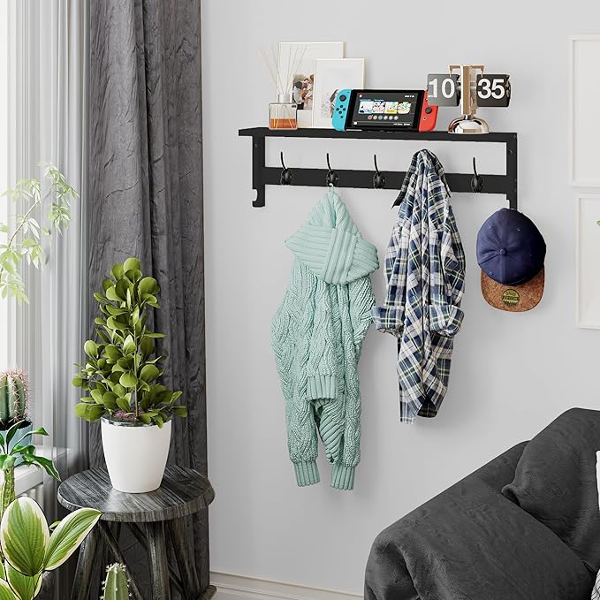 AMBIRD Coat Rack Wall Mount with Shelf, 28.9 Inches Coat Hooks Wall Mounted with 5 Hooks, Hat Wall Hooks for Hanging in Entryway, Living Room, Bathroom, Bedroom (Black, 28.9 * 4.5 inches)