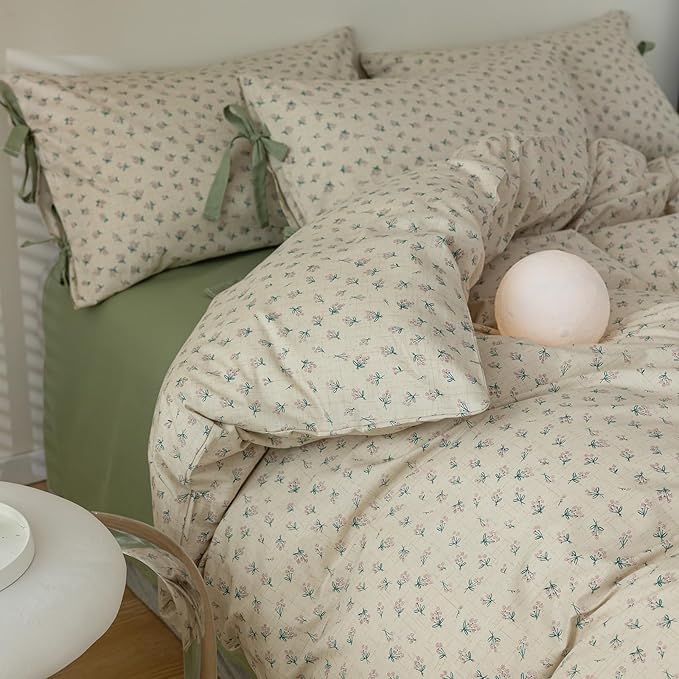 HighBuy Girl Duvet Cover Twin XL Floral Bedding Boho Soft Cotton Coquette Comforter Cover Twin XL with 2 Bowknot Bow Tie Pillowcases,Farmhouse Vintage 3 Pieces Cute Flowers Bedding Set Ultra Soft