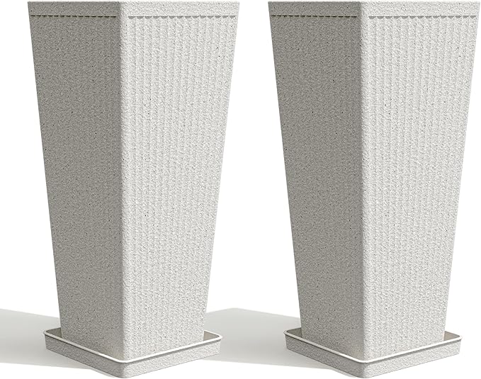 Square Tall Planters for Outdoor Plants Set of 2-23.6" Heavy-Duty Classic Tapered Indoor Flower Pots with Drainage Holes/Partition/Tray, Large Outdoor Planters for Porch Patio Garden, White