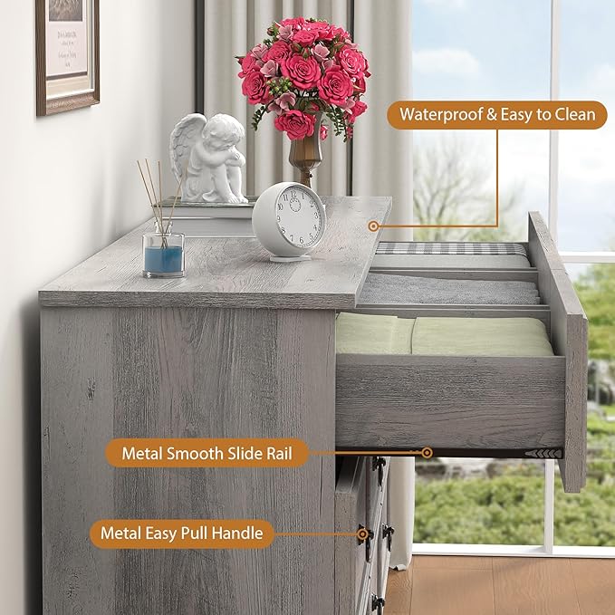 9 Drawer Dresser for Bedroom, 63'' Grey Chest of Drawers Wood, Large Storage for Clothes, Vintage Design, for Living Room, Bedroom, Hallway