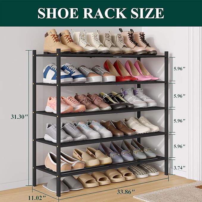 Smiry Long Bamboo Shoe Rack 5-Tier, Stackable Wooden Shoe Organizer for Entryway & Closet, Free Standing Wood Shoe Storage Shelf for Front Door & Small Spaces, Black