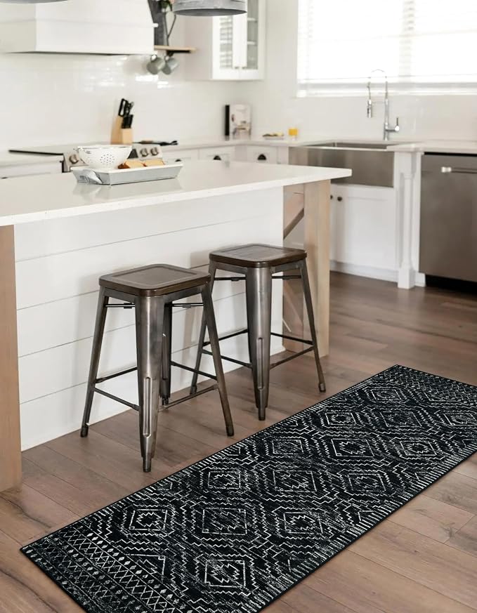 Wonnitar Washable Kitchen Runner Rug 2x6, Moroccan Black Runners for Hallway, Non Slip Bohemian Soft Bathroom Throw Mat Geometric Carpet Runner for Laundry Entryway Bedroom (Black,2'x6')