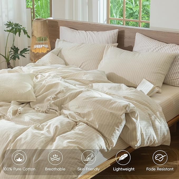 MooMee Striped Duvet Cover Set 100% Washed Cotton Linen Like Textured Breathable Durable Soft Comfy (Almond Milk Grey White Wide Stripes, Oversized King Plus 128"x120")