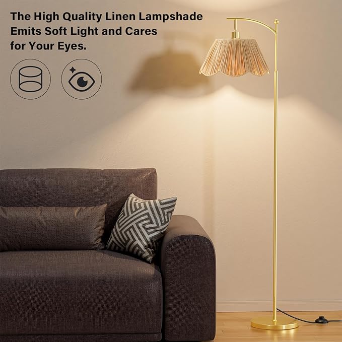 Ambimall 60" Floor Lamps for Living Room with 3 Color Temperatures, Gold Floor Lamp with Rattan Shade, Modern Tall Lamps for Bedroom Office, 9W LED Bulb Included